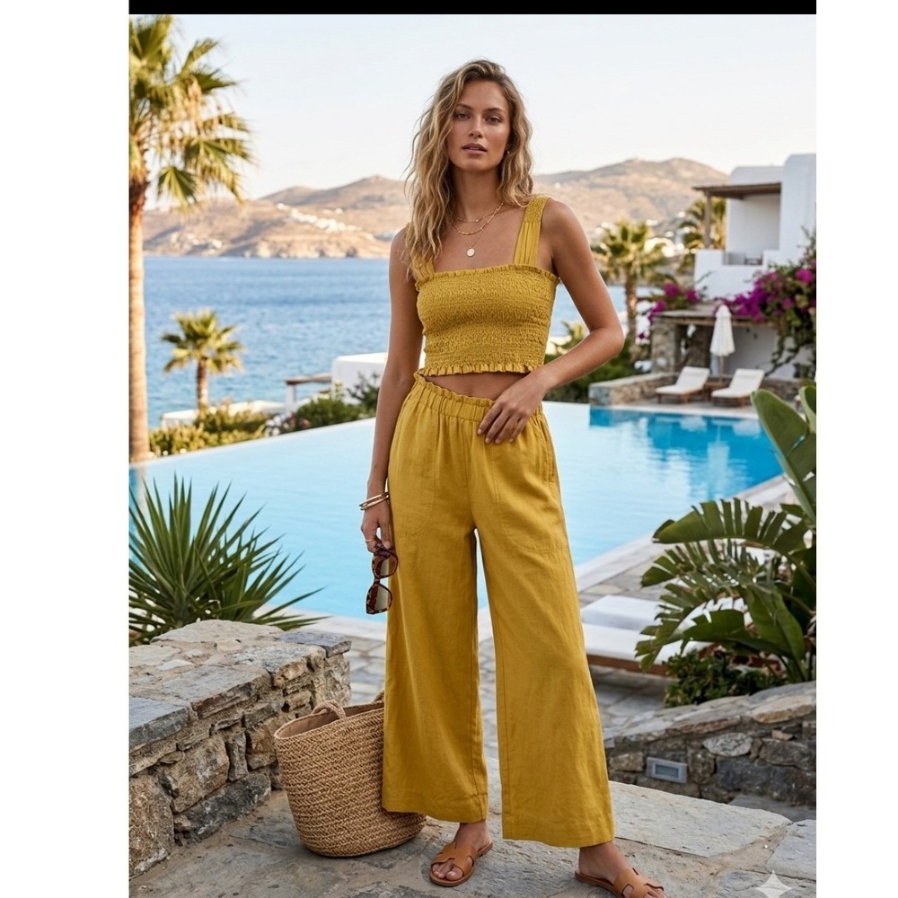 MIRTH XS/S Mustard Yellow Resortwear Set Smocked Crop Top and Wide Leg Pant Set